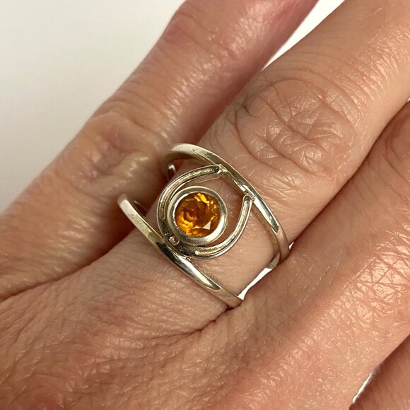 Sterling Silver 925 Round Faceted Citrine Gemstone Horseshoe Ring Sz 6.5 - Picture 3 of 16